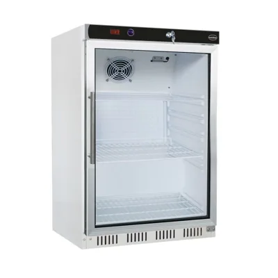 Stolní chladnička s prosklenými dveřmi bílá, 130 l, statické chlazení s ventilátorem, (ŠxHxV) 600 x 585 x 855 mm