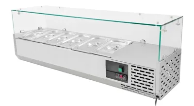 Kühlaufsatz mit eckiger Glasabdeckung aus Edelstahl, für 6 × GN 1/4 (bis 150 mm Tiefe), statische Kühlung, (BxTxH) 1400 × 335 × 435 mm
