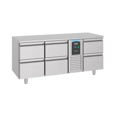 Soğutmalı tezgâh 700 ENERGY LINE, 2 kapılı ve 4 çekmeceli, fanlı (Umluft), paslanmaz çelik 430, otomatik defrost, (GxDxY) 2330 x 700 x 850 mm