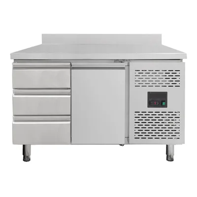 Chladicí stůl s 1 dveřmi & 3 zásuvkami vlevo, s nástavcem, monoblok, 1360 x 700 x 850 mm