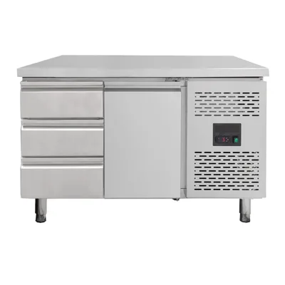 Chladicí stůl s 1 dveřmi a 3 zásuvkami vlevo, monoblok, 1360 x 700 x 850 mm