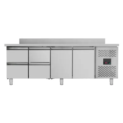 Refrigerated table with 2 doors & 4 drawers with backsplash, 0.38 kW, monoblock, 2230 x 700 x 850 mm
