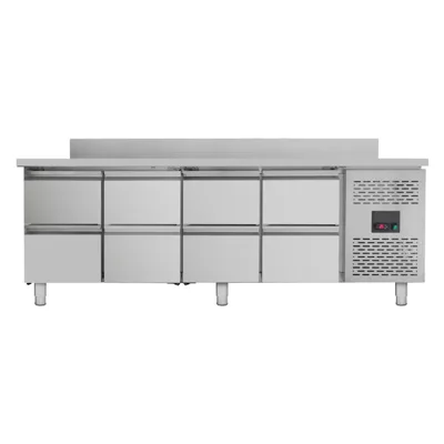 Refrigerated table with 8 drawers, with backsplash, 0.38 kW, Monoblock, 2230 x 700 x 850 mm