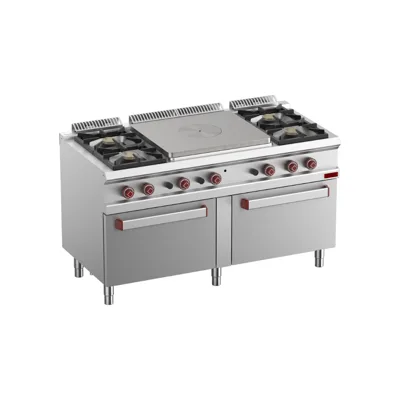 OptiTech 700│ Gasherd mit 4 Brennern & Zentrale Glühplatte - 42995 kcal/h & 2 Gasbackofen GN 1/2, (B x T x H) 1500 x 700 x 920 mm