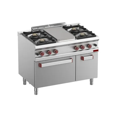 OptiTech 700│ Gasherd mit 4 Brennern & Zentrale Kochplatte - 33970 kcal/h & Gasbackofen GN 1/2 & Schrank GN 1/1, (B x T x H) 1100 x 700 x 920 mm
