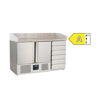 Pizza hazırlık masası 1420x700x1020 mm - 2 kapı & 6 nötr çekmece - Enerji verimliliği A