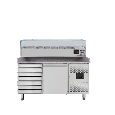 Pizza Soğutmalı Tezgah / 1 Kapılı & 7 Çekmeceli "gri" GN1/3 Soğutmalı Üst Dahil, 1510 x 800 mm