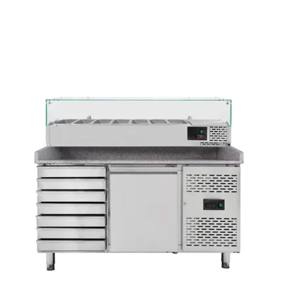 Pizzastůl / 1-dveřový & 7 zásuvek "šedý" včetně chladicího nástavce GN1/4, 1510 x 800 mm