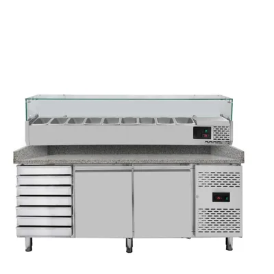Pizzastůl / 2-dveřový & 7 zásuvek "šedý" včetně chladicího nástavce GN1/3, 2020 x 800 mm