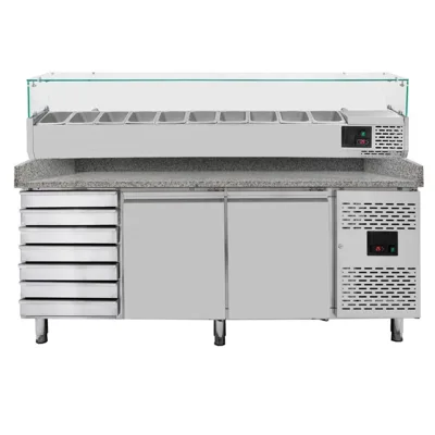 Pizza soğutma tezgahı / 2 kapılı & 7 çekmece "gri" dahil soğutucu GN1/4, 2020 x 800 mm