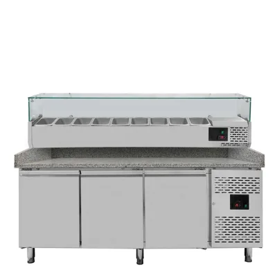 Pizzachladicí stůl / 3-dveřový "šedý" včetně chladicího nástavce GN1/3, 2020 x 800 mm