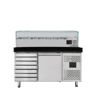 1 Kapı & 7 Çekmeceli Pizza Hazırlık Masası, Siyah, GN1/3 Soğutucu Üst, 1510 x 800 x 1435 mm