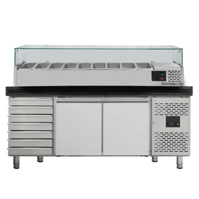 Pizza Prep Table with 2 Doors & 7 Drawers, Black, with Cooling Top GN1/3, 2020 x 800 x 1435 mm