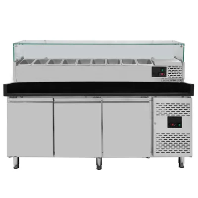 3 Kapılı Pizza Hazırlık Tezgahı, Siyah, GN1/4 Soğutucu Üstü, 2025 x 800 x 1435 mm