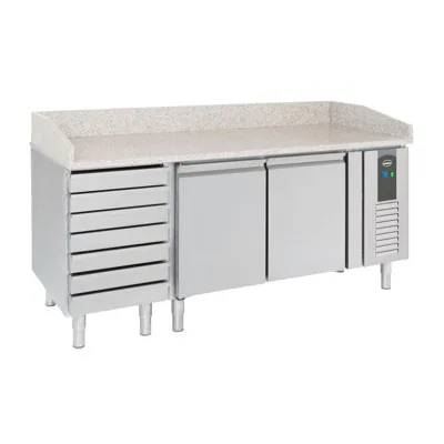 Pizza stůl se žulovou deskou z nerezu, 2 dveře, 7 zásuvek na těsto, nucená cirkulace (Umluft), (ŠxHxV) 2025 x 800 x 1000 mm