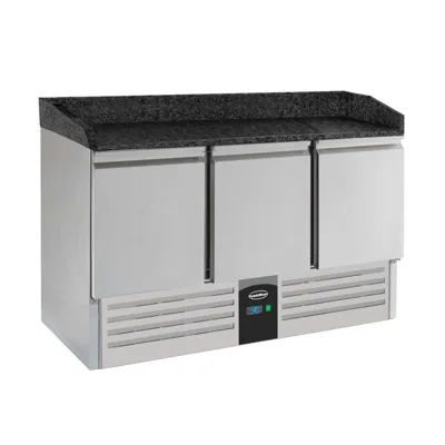 Pizza stůl se 3 dveřmi a černou žulovou pracovní deskou z nerezu, statické chlazení, Compact Line, (ŠxHxV) 1400 × 700 × 1020 mm