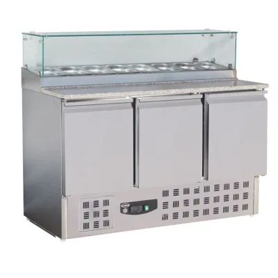 Pizza stůl se skleněným nástavcem a žulovou deskou z nerezu, 3 dveře, statické chlazení, Compact Line, (ŠxHxV) 1368 x 700 x 1180 mm