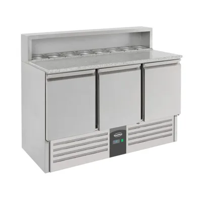 Pizza stůl se žulovou pracovní deskou z nerezu, 3 dveře, statické chlazení, Compact Line, (ŠxHxV) 1368 × 700 × 1090 mm