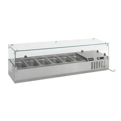 Countertop display fridge for 7 × 1/3 GN, static cooling, stainless steel 18/8, automatic defrost, (WxDxH) 1600 × 395 × 435 mm
