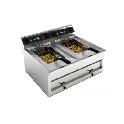 Profesionální elektrická dvojitá fritéza 2x12 litrů – 2x9 kW – stolní model – 800x700x328 mm – 400V – nerezová ocel