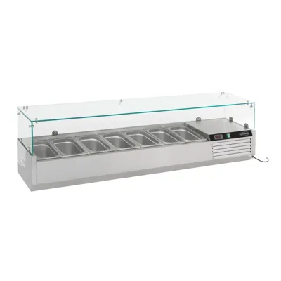 Countertop display fridge for 8 × 1/4 GN, static cooling, stainless steel 18/8, automatic defrost, (WxDxH) 1800 × 335 × 435 mm