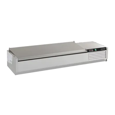 Nástavbová chladicí vitrína s nerezovým víkem pro 9 × 1/3 GN, statické chlazení, nerez 18/8, automatické odmrazování, (ŠxHxV) 2000 × 395 × 225 mm