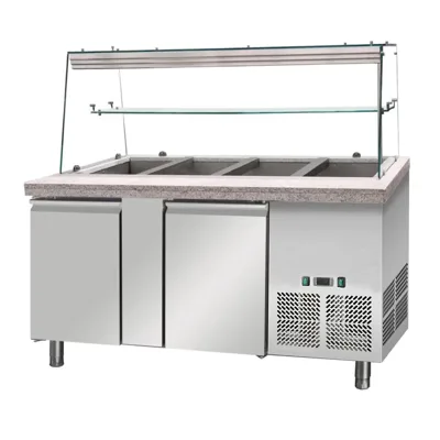 Saladette 2 Türig mit Glass & Rosa Grau Granit und Holzbekleidung  4x GN1/1 1530x820x1355