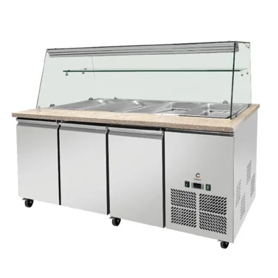 Camlı, Pembe-Gri Granit ve Ahşap Kaplamalı 3 Kapılı Saladette 5x GN1/1 1880x820x1355