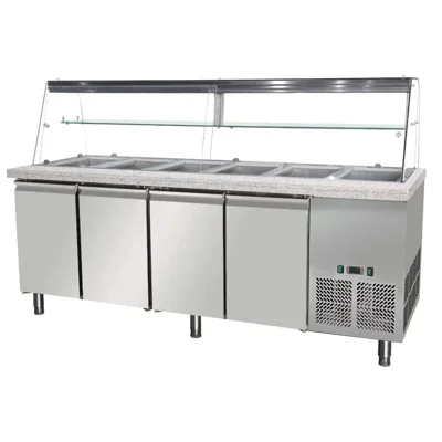 Saladette 4-Door with Glass & Pink-Grey Granite and Wood Cladding 6x GN1/1 2230x820x1355