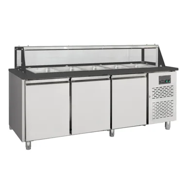 Salad counter 3-section with doors, with glass top for 5 x GN1/1, black, 2000 x 800 x 1246 mm