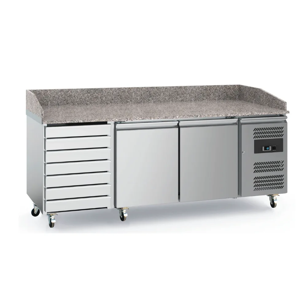 Pizzakühltisch mit Granitplatte, 2 Türen und 7 Schubladen – 2025 × 800 × 1000 mm, 230 V, 0,21 kW