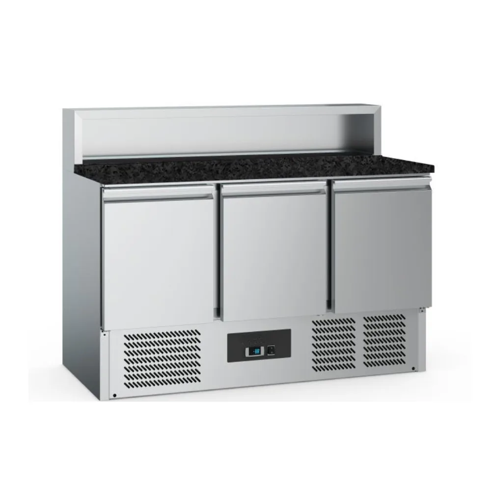 Pizza Prep Counter with Black Granite Top, 3 Doors and Space for 8 × GN 1/6 Pans – 1365 × 700 × 1075 mm, 230 V, 0.24 kW