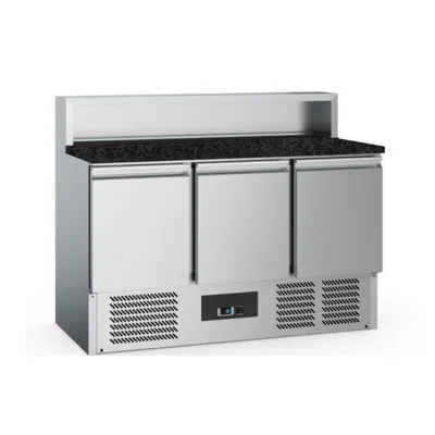 Pizza Prep Counter with Black Granite Top, 3 Doors and Space for 8 × GN 1/6 Pans – 1365 × 700 × 1075 mm, 230 V, 0.24 kW