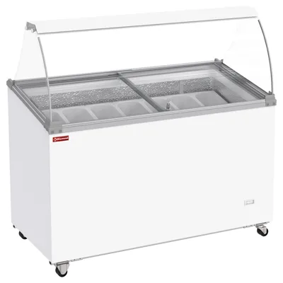 Mrazicí vitrína, 381 litrů, posuvné víko na kolečkách s vypouklým sklem, kapacita pro 7 nádob - 1305 x 635 x 1255 mm