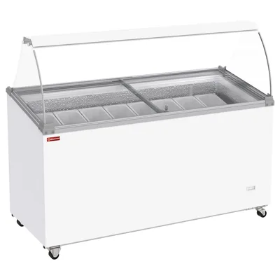 Mrazicí vitrína, 467 litrů, posuvné víko na kolečkách s vypouklým sklem, kapacita pro 8 nádob - 1555 x 635 x 1255 mm