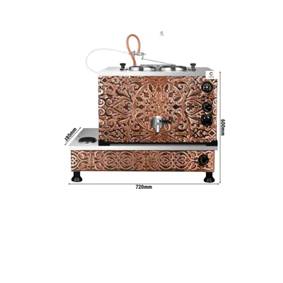 Elektrický měděný čajovar 22 litrů – izolovaný, s regulací teploty, s výpustním kohoutkem, Š 720 × H 380 × V 600 mm, 2,5 kW, 230 V